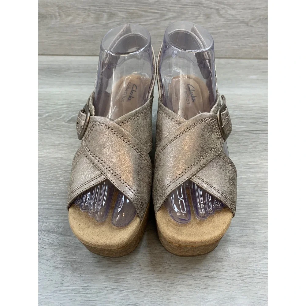 Clarks Nerisa Women's Sandals Metallic Pewter Cork Wedge 8‎ Comfort Shoes